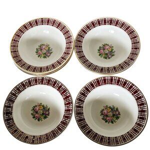 Homer Laughlin Piccadilly Dessert Fruit Bowls 5.5" 6pc red rim gold floral cente